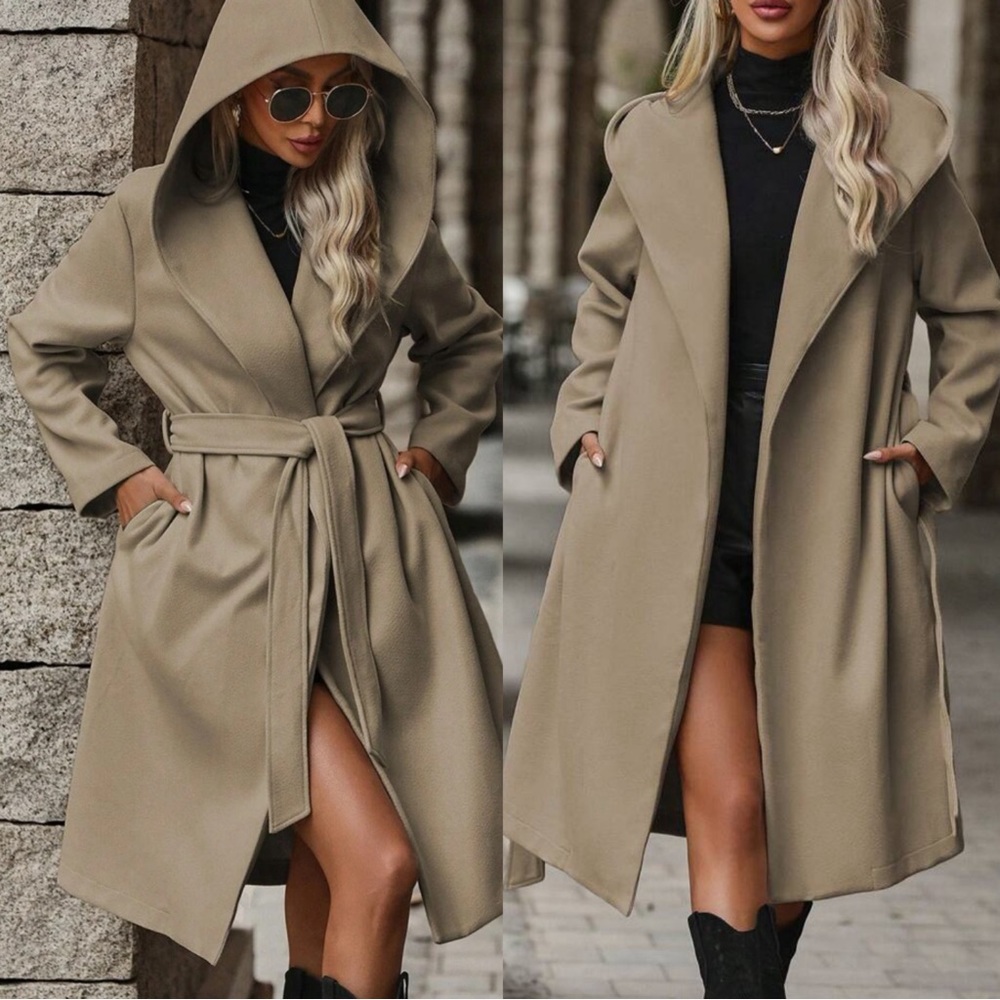 Classic belted pocket hoodie trench coat jacket